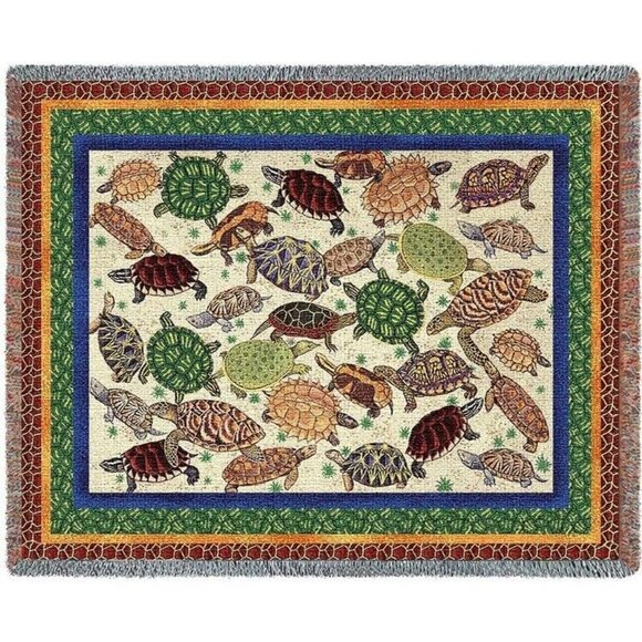 Unbranded Other - New Turtles Heavy Afghan Woven Cotton Throw Blanket Green Turtle Painted Box NIP